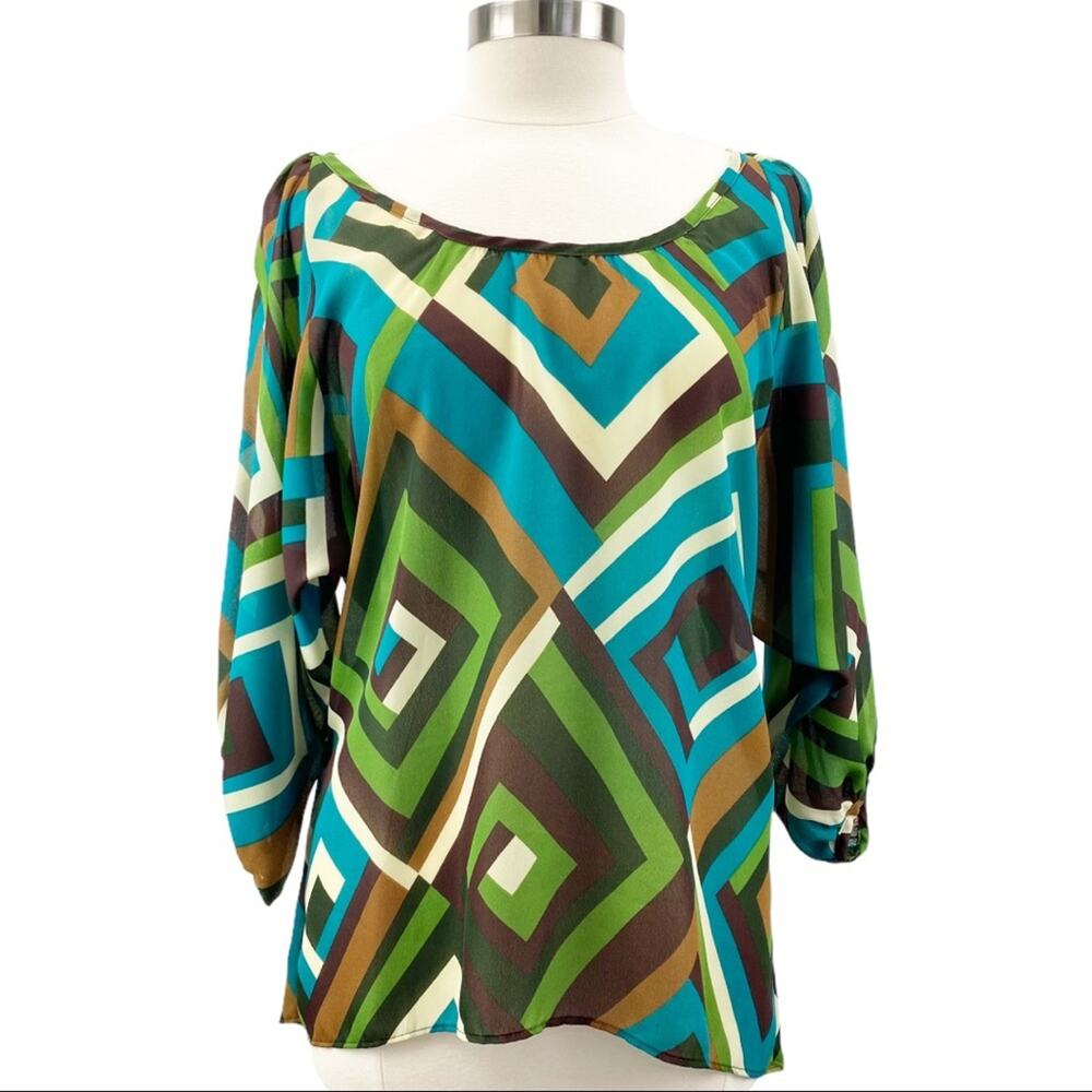 NEW Fashionista Womens‎ Mod Geometric Scoop Neck Tunic Top Blue Green M